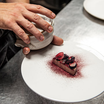 Duck liver parfait, blackberry, Sauternes & warm doughnuts
