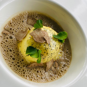 Cracklebean egg, caramelised shallot, cep and celeriac