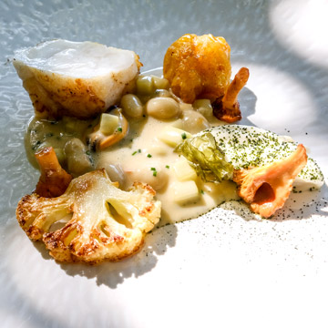 South coast turbot, clams, girolles, cauliflower & vin jaune